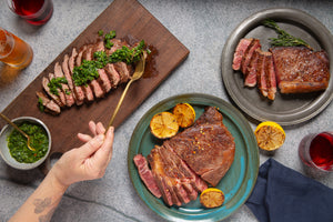Three cooked Vermont Wagyu steaks - one Ribeye, one NY Strip, and one Bavette